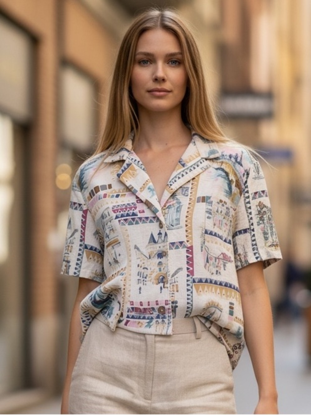 LUCKY BRAND LINEN EUROPEAN BUTTON FRONT SHIRT MEDITERRANEAN PRINT SIZE XXL CUTE